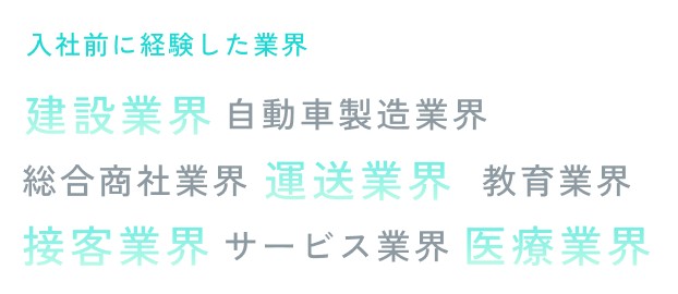入社前に経験した業界 建設業界 自動車製造業界 総合商社業界 運送業界 教育業界 接客業界 サービス業界 医療業界